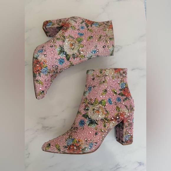 Betsey Johnson Shoes - Betsey Johnson Pink Floral Crystal Block Heel Booties